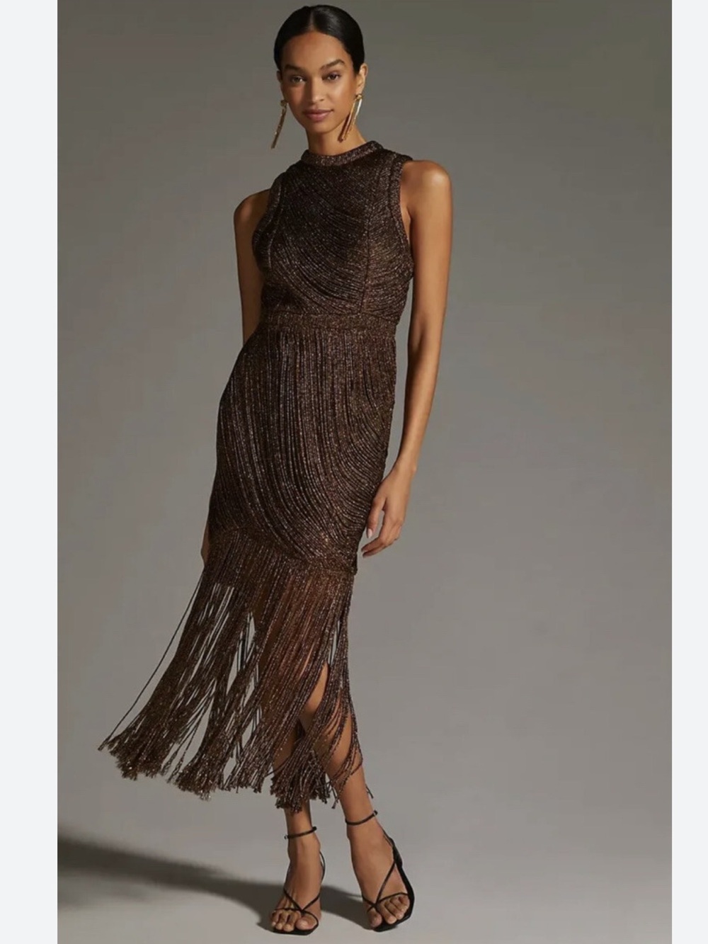 New Anthropologie Not So Serious-PallaviMohan Fringe Halter MidiDress Bronze 10